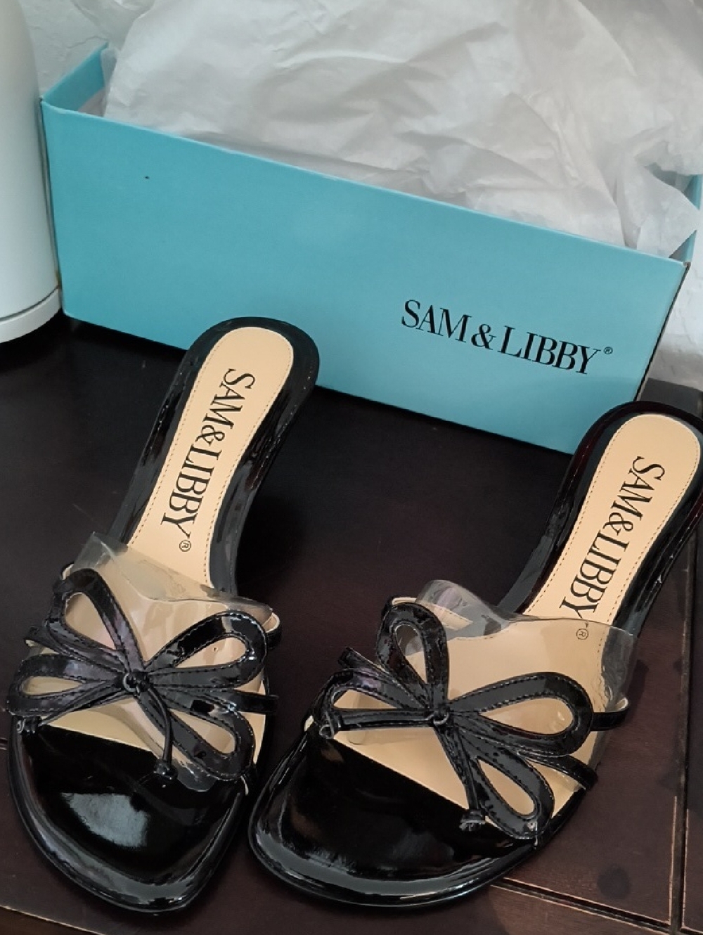 Sam & Libby Black Patent Slide Mules with Bow Detail